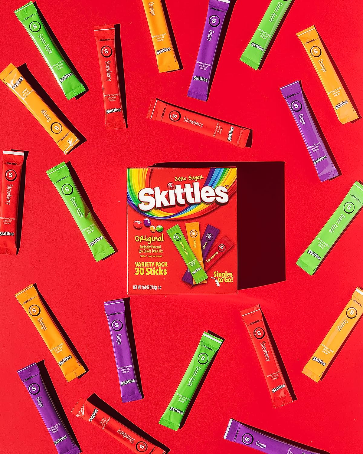 Skittles Singles To Go Variety Pack, Powdered Drink Mix, Zero Sugar, Low Calorie, Includes 4 Flavors: Green Apple, Strawberry, Grape, Orange, 1 Box (30 Single Servings) - Image 4